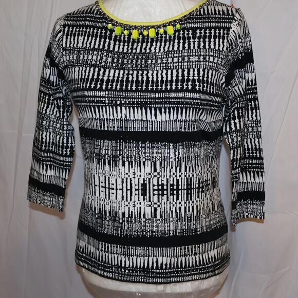 Ruby Road Petite Small Black White T shirt Yellow Gems Trim 3/4 sleeve - Picture 1 of 11